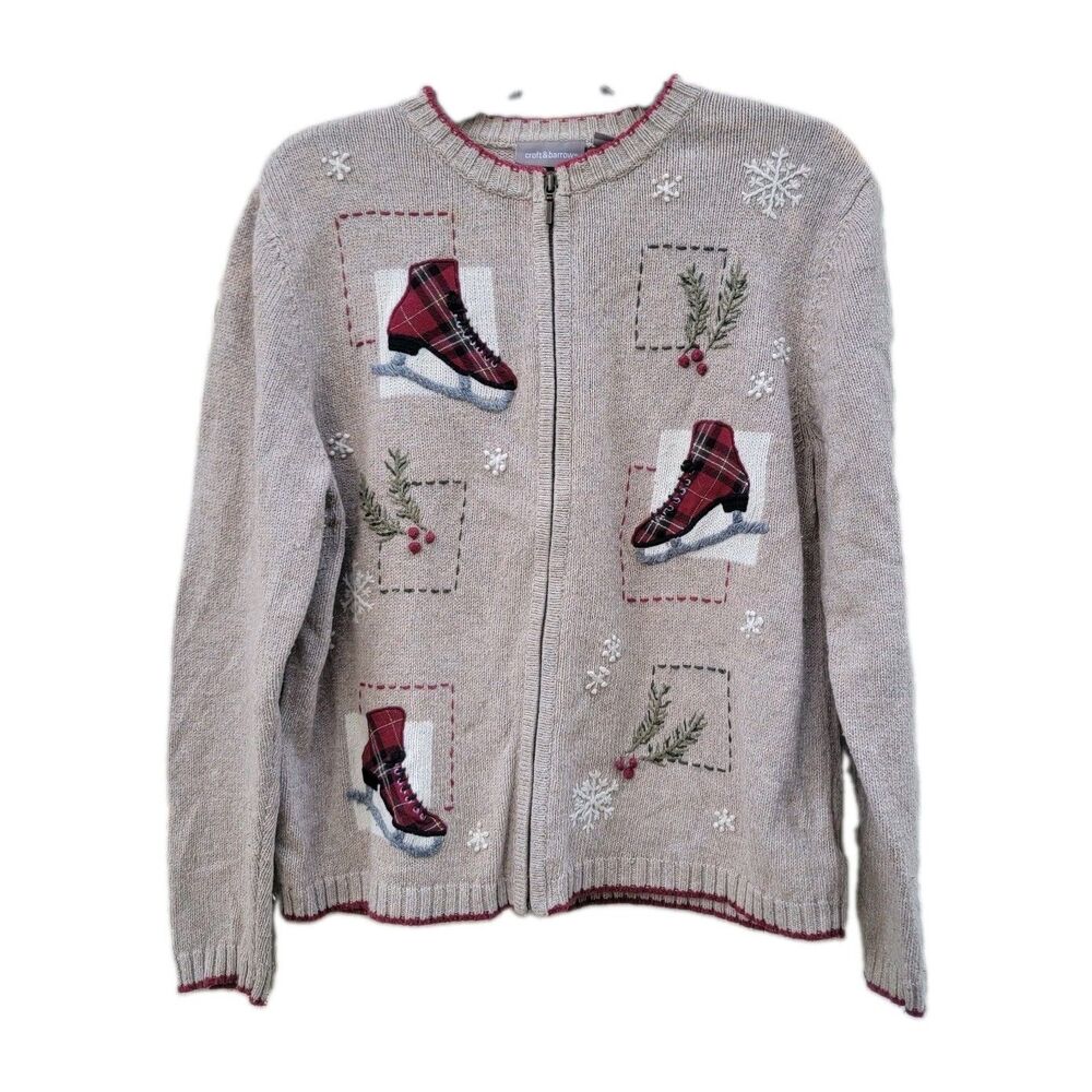VTG Croft & Barrow Zipup Cardigan Sweater Beige Sz M Christmas Iceskates holiday